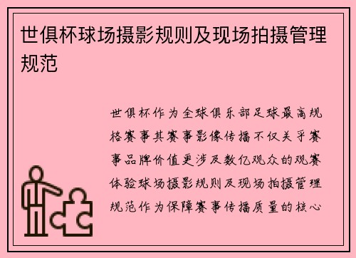 世俱杯球场摄影规则及现场拍摄管理规范